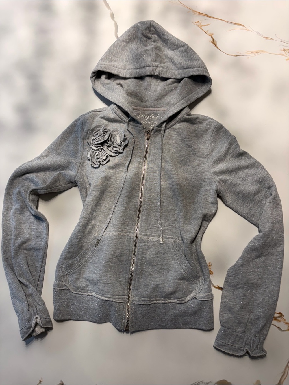 Juicy Couture Vintage Womens Grey Glitter Rose Hoodie Size Medium